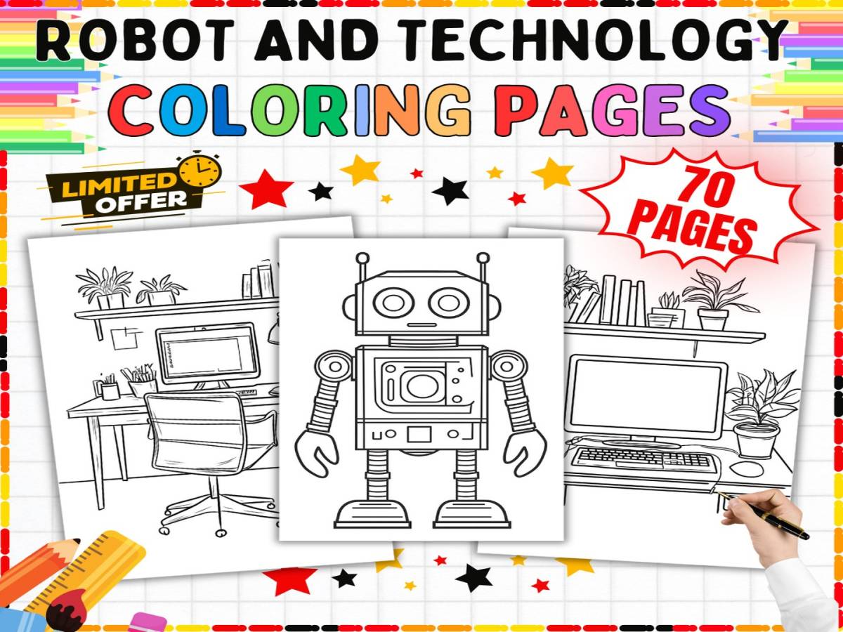 An educational teaching resource from from Tetcher to you entitled Robot and Technology Coloring Pages - 70 Printable Coloring Pages K-5 downloadable at Teach Simple.