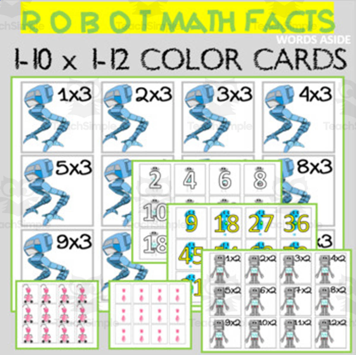 An educational teaching resource from WORDS ASIDE entitled Robot Math Facts | Multiplication Cards {colored} downloadable at Teach Simple.