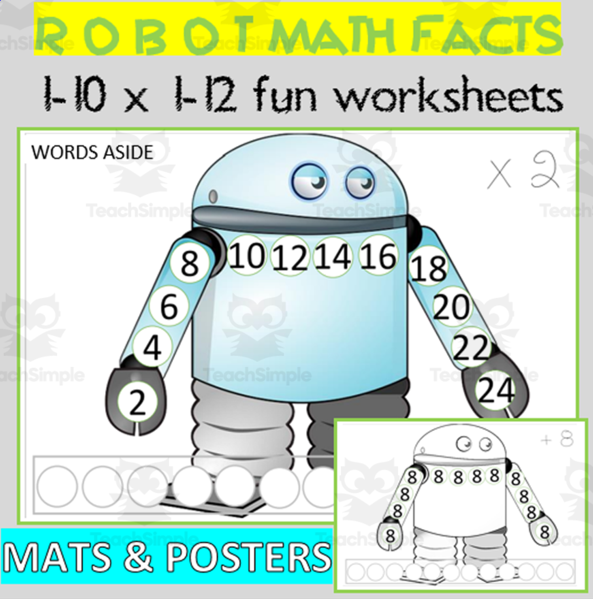 An educational teaching resource from WORDS ASIDE entitled ROBOT MATH FACTS| MULTIPLICATION REPEATED ADDITION| WORKSHEETS MATS downloadable at Teach Simple.