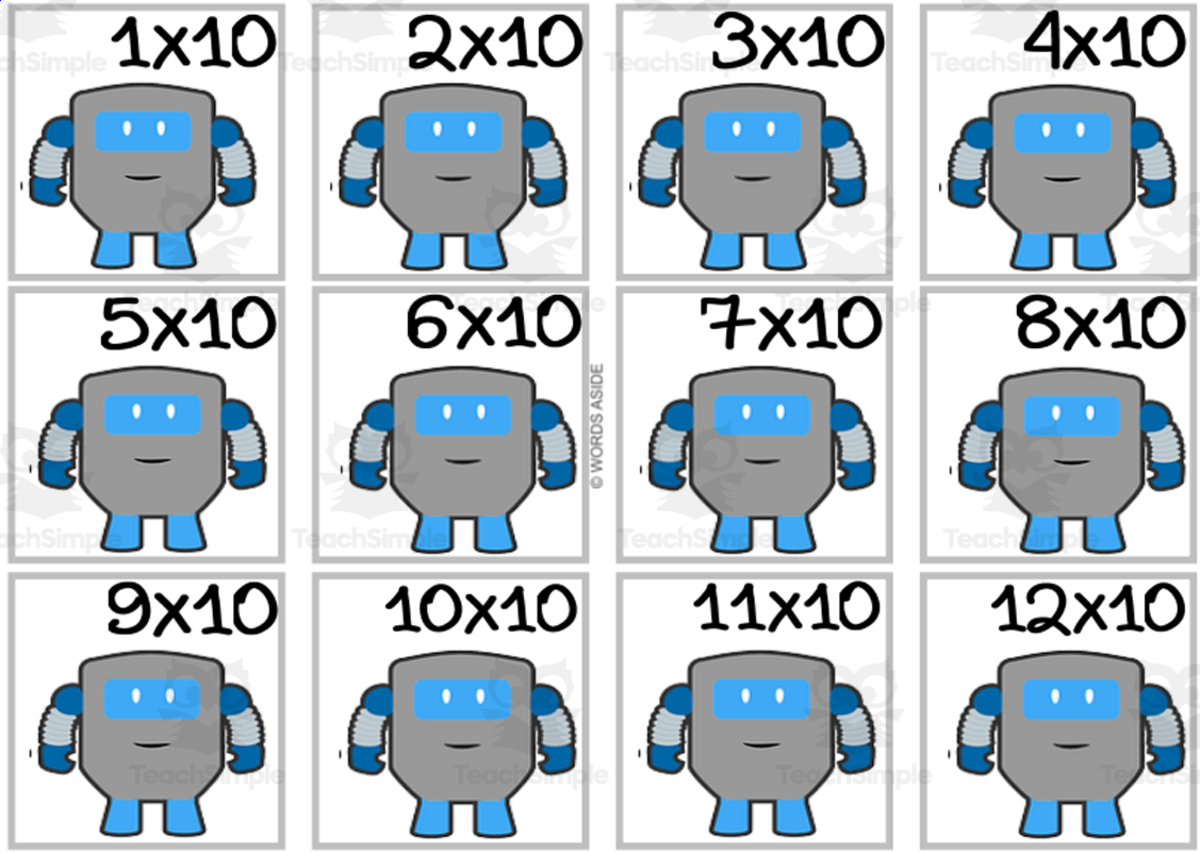 An educational teaching resource from WORDS ASIDE entitled Robot Multiplication Colored Cards x10 downloadable at Teach Simple.