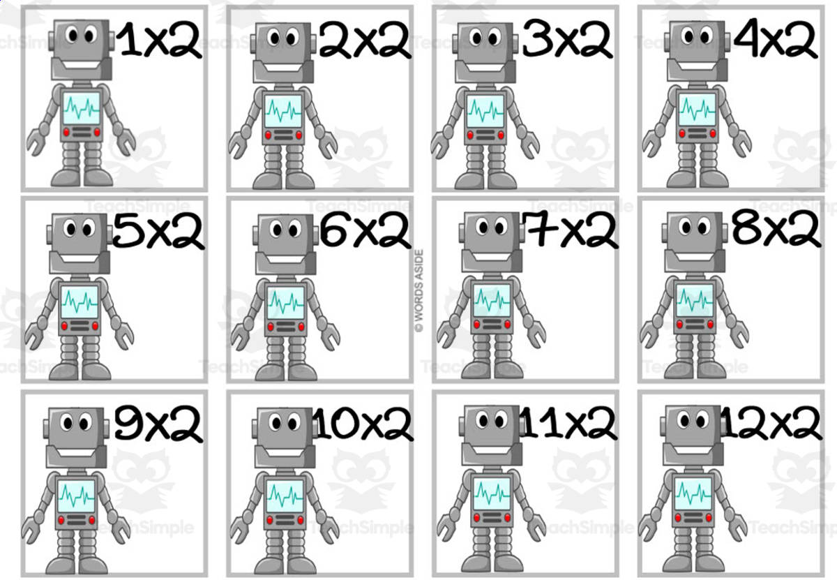 An educational teaching resource from WORDS ASIDE entitled Robot Multiplication Colored Cards x2 downloadable at Teach Simple.