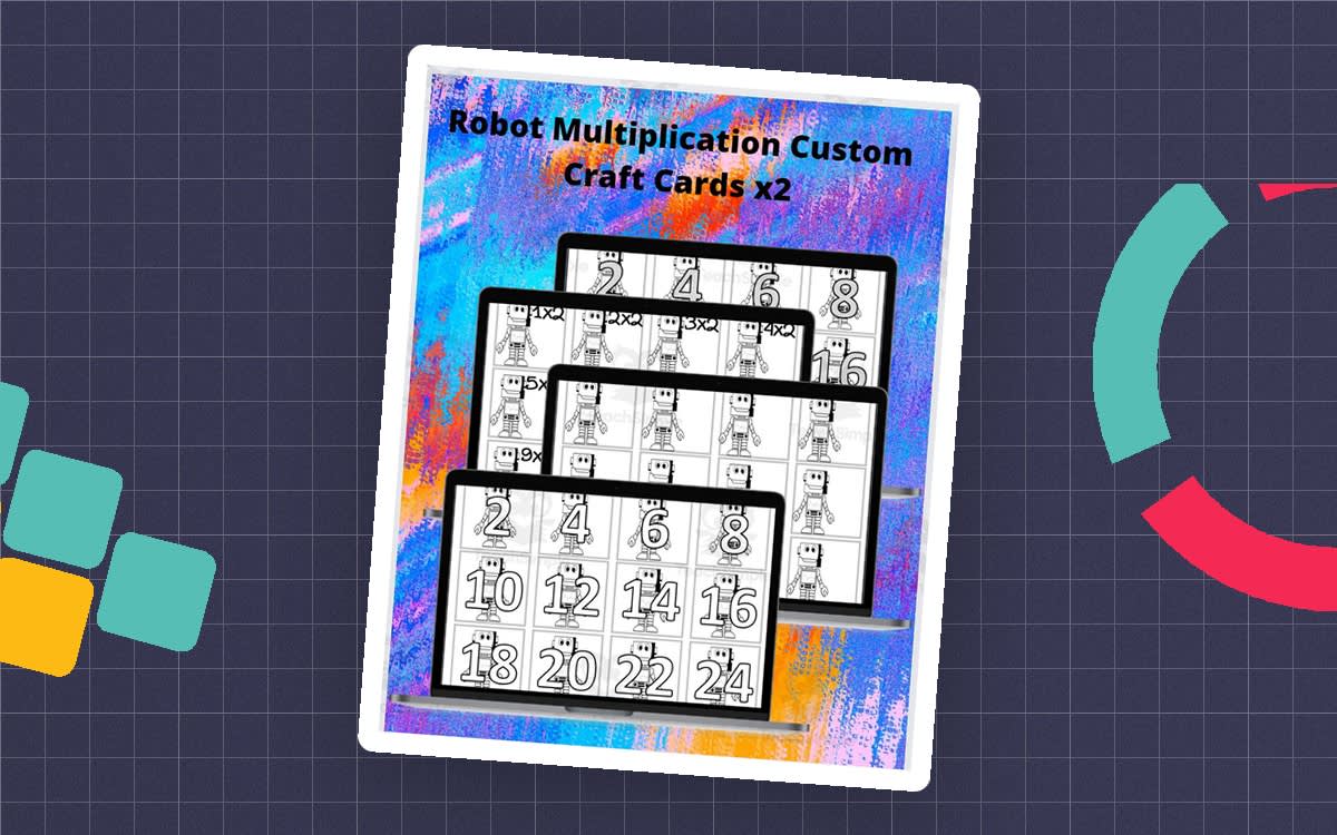 An educational teaching resource from WORDS ASIDE entitled Robot Multiplication Custom Craft Cards x2 downloadable at Teach Simple.