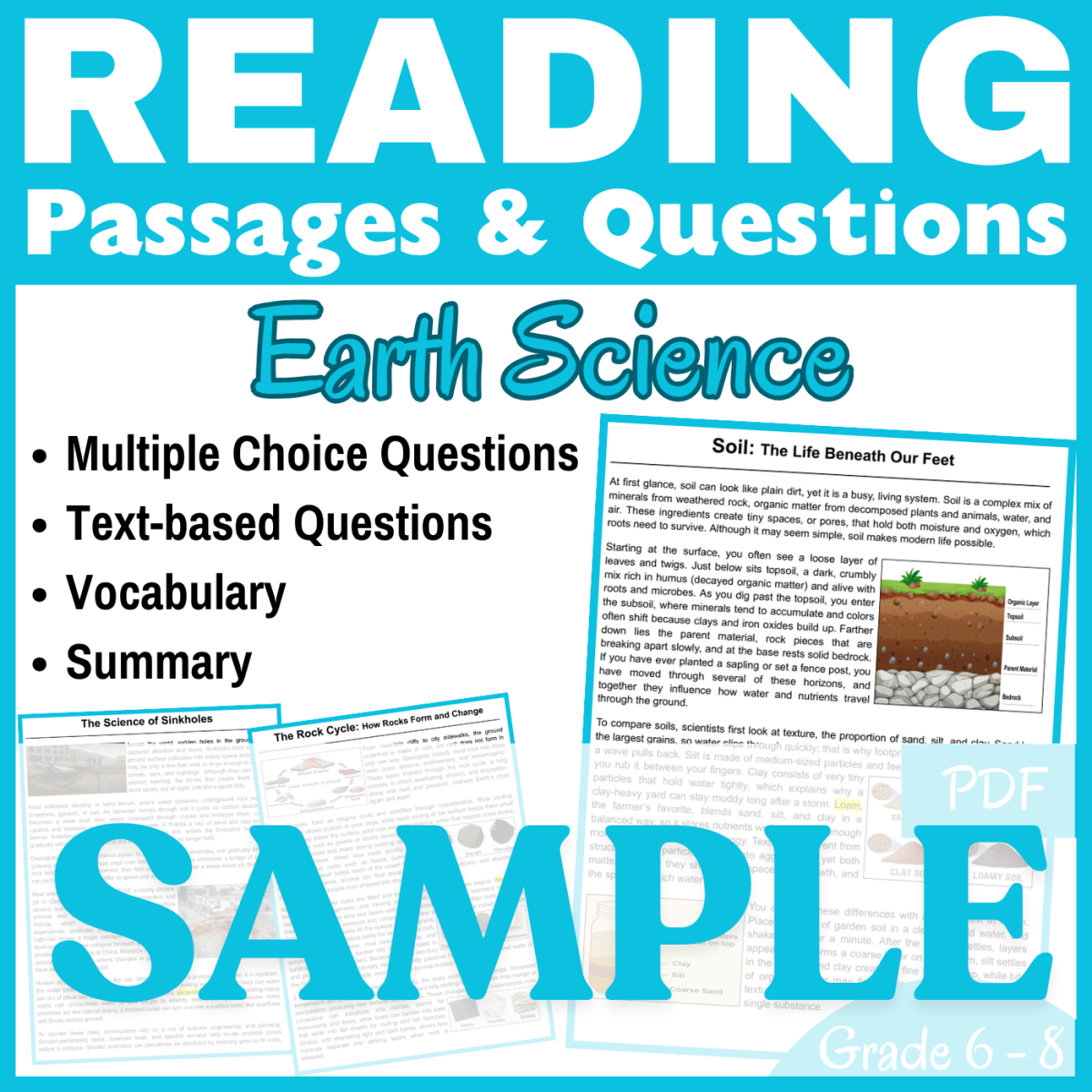 An educational teaching resource from CORED Education - Middle & High School entitled Rock Cycle, Soil, & Sinkholes: SAMPLE Reading Passage (PDF) downloadable at Teach Simple.