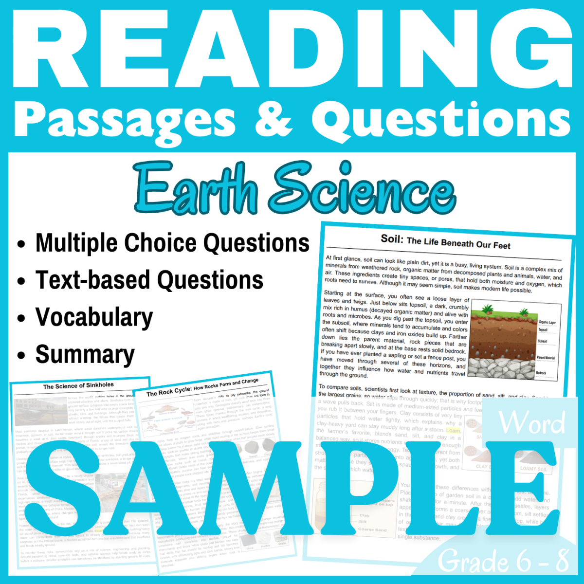 An educational teaching resource from CORED Education - Middle & High School entitled Rock Cycle, Soil, & Sinkholes: SAMPLE Reading Passage (Word) downloadable at Teach Simple.