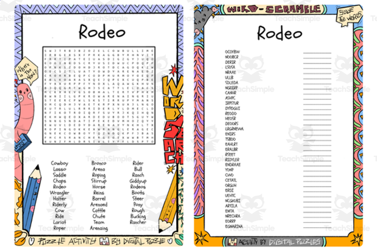 An educational teaching resource from Lapiiin Art Activities entitled Rodeo word search & scramble downloadable at Teach Simple.