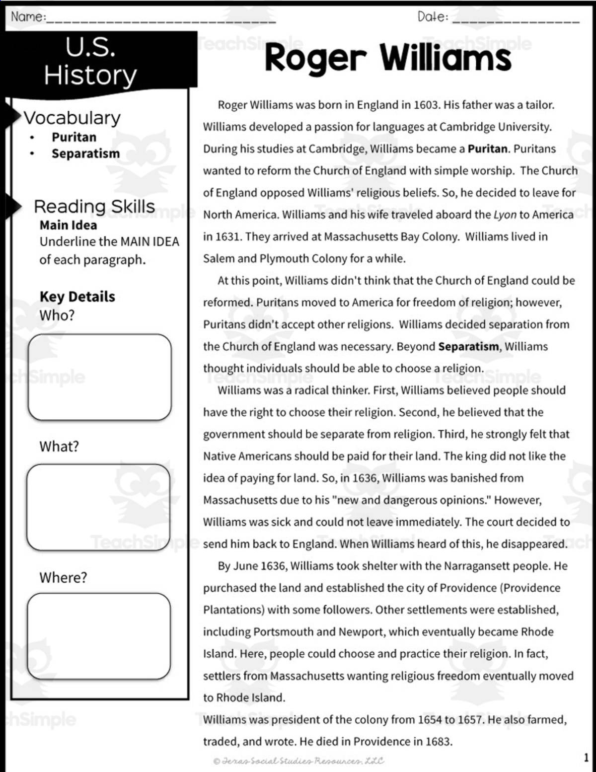 An educational teaching resource from Sarah Miller Tech entitled Roger Williams Reading Packet downloadable at Teach Simple.