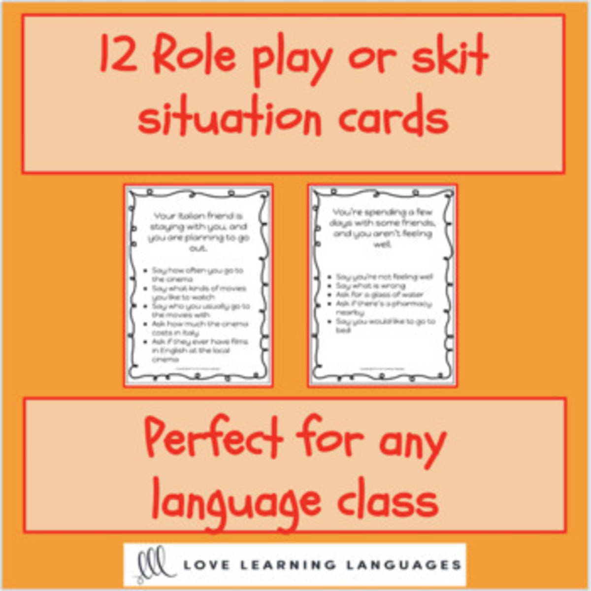 An educational teaching resource from Love Learning Languages entitled Role Play or Skit Situation Cards downloadable at Teach Simple.