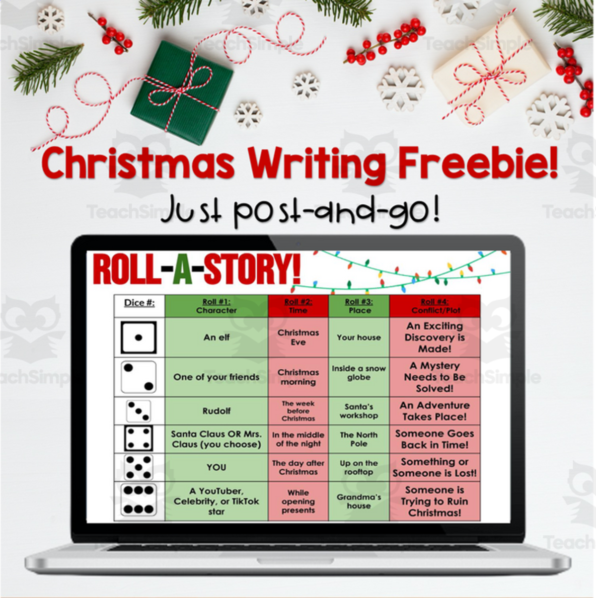 An educational teaching resource from The Language of Learning entitled Roll-A-Story Christmas Themed downloadable at Teach Simple.