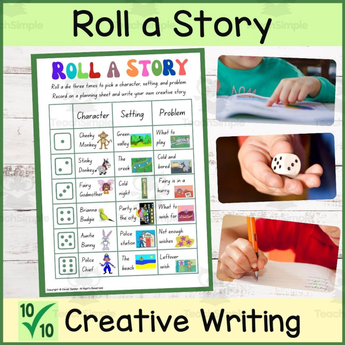 An educational teaching resource from Clever Speller entitled Roll a Story | Creative Writing | Narrative Genre | Quick Activity | No Prep downloadable at Teach Simple.