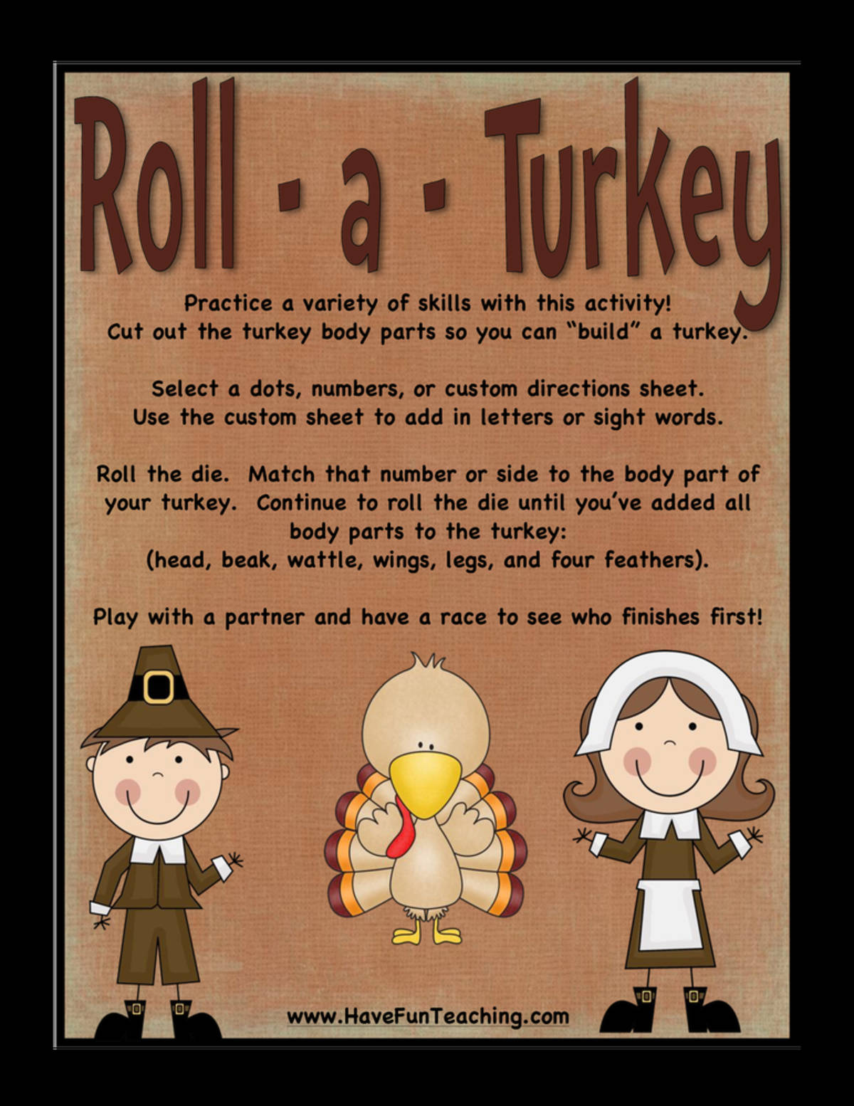 An educational teaching resource from Have Fun Teaching entitled Roll A Turkey Thanksgiving Activity downloadable at Teach Simple.