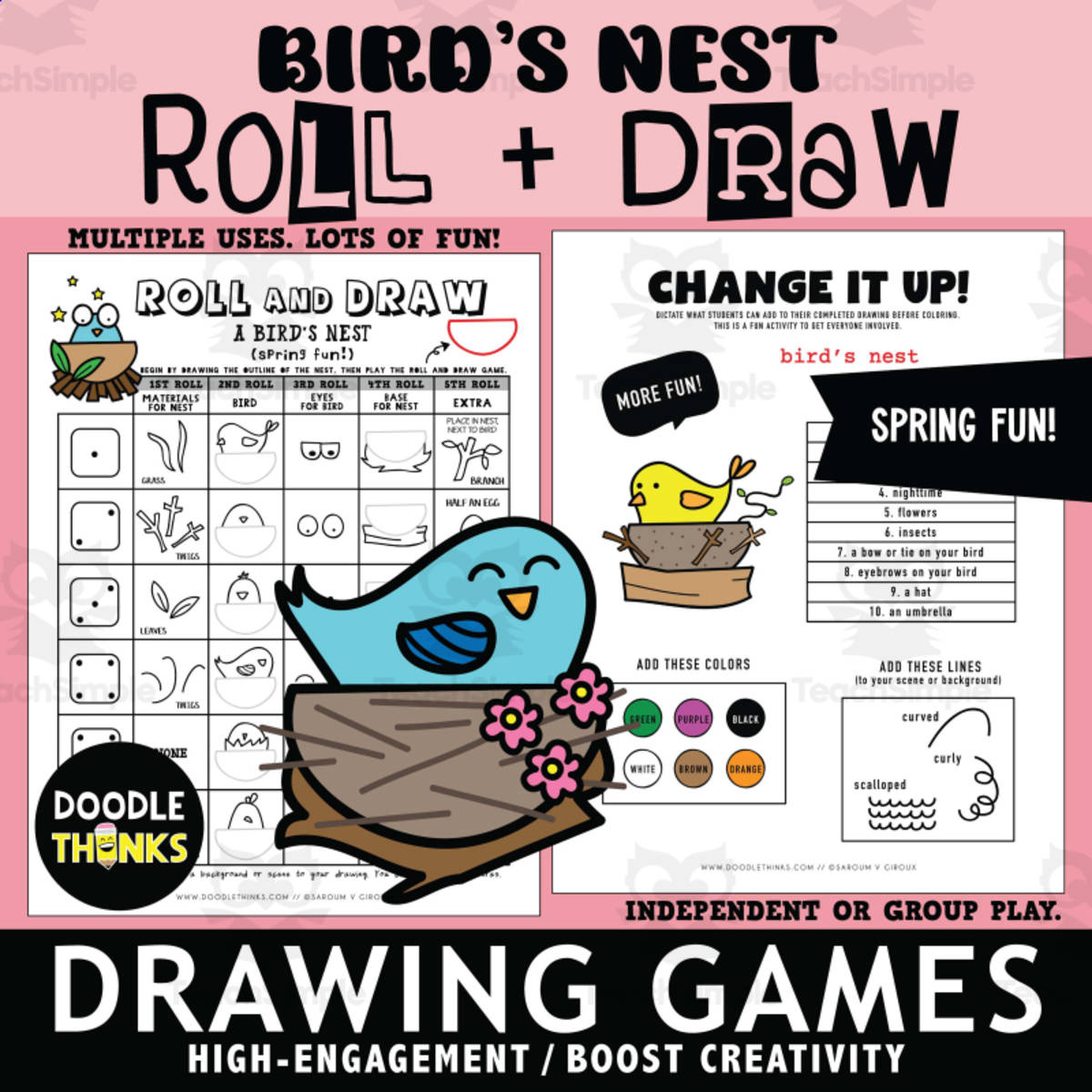 An educational teaching resource from Doodle Thinks entitled Roll & Draw a Bird in a Nest Dice Game | Drawing & Coloring Activity downloadable at Teach Simple.