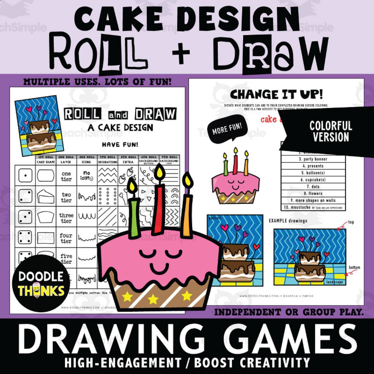 An educational teaching resource from Doodle Thinks entitled Roll & Draw a Cake Design Dice Game | Drawing & Coloring Art Activity downloadable at Teach Simple.