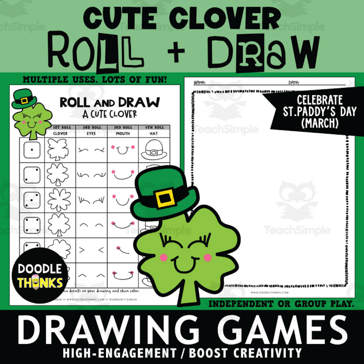An educational teaching resource from Doodle Thinks entitled Roll and Draw A Cute Clover Game Sheet St. Patrick's Day Activity downloadable at Teach Simple.