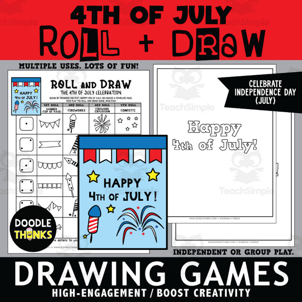 An educational teaching resource from Doodle Thinks entitled Roll and Draw A Fourth of July Celebration downloadable at Teach Simple.
