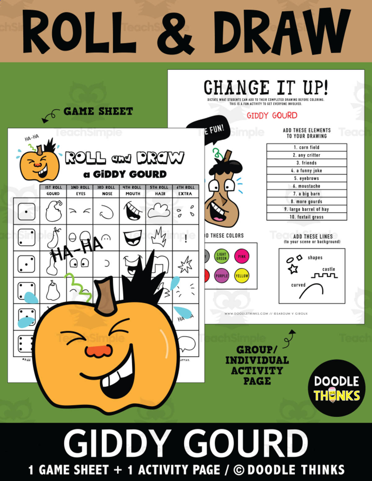 An educational teaching resource from Doodle Thinks entitled Roll and Draw A Giddy Gourd Game Sheet and Group Activity downloadable at Teach Simple.