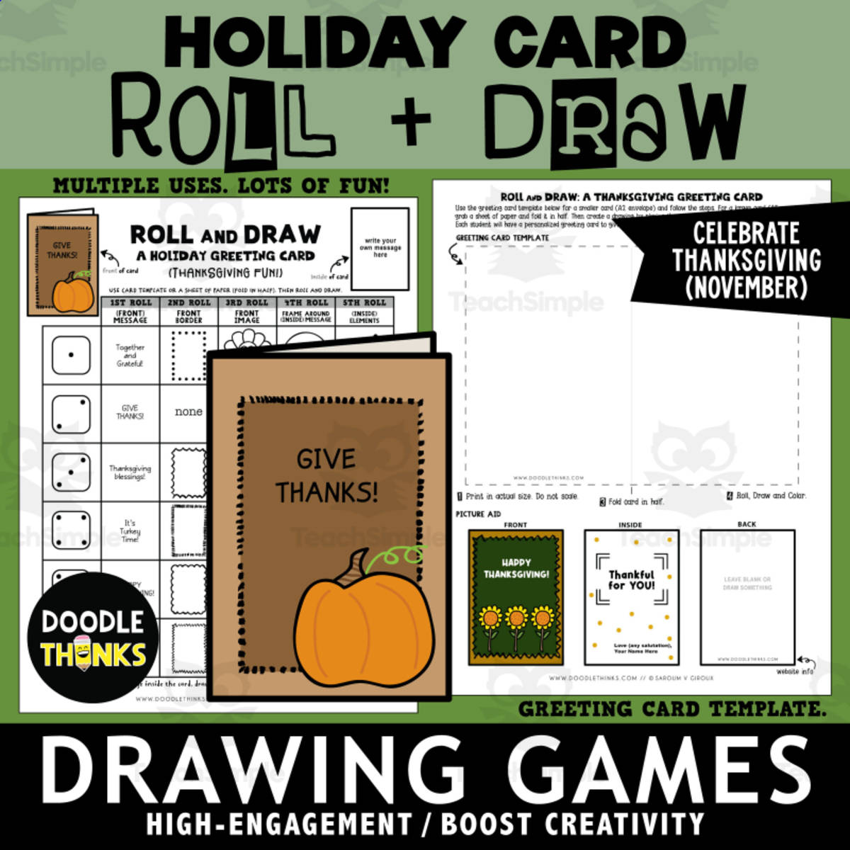 An educational teaching resource from Doodle Thinks entitled Roll and Draw A Holiday Card Game Sheet November Art Activity downloadable at Teach Simple.