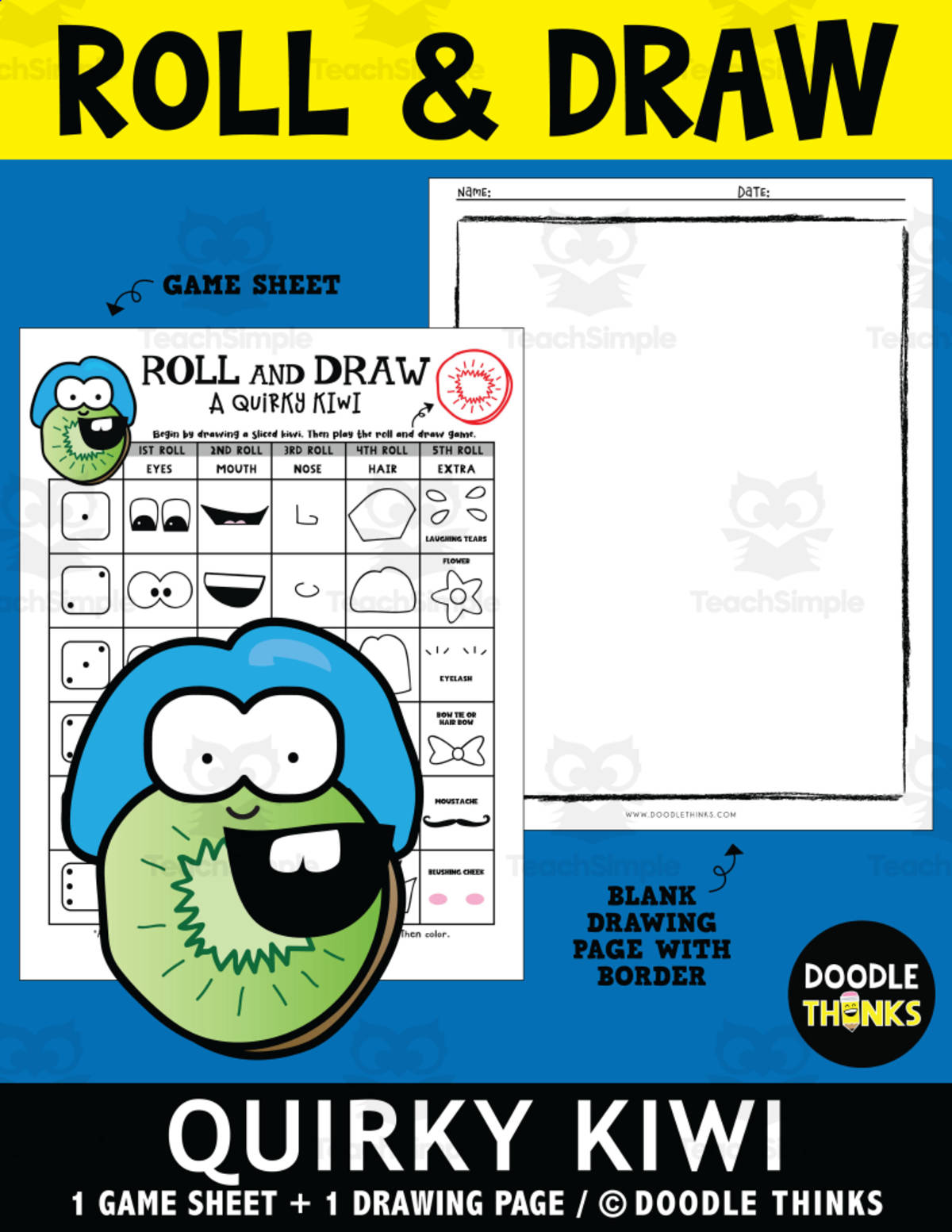 An educational teaching resource from Doodle Thinks entitled Roll and Draw A Quirky Kiwi Game Sheet downloadable at Teach Simple.