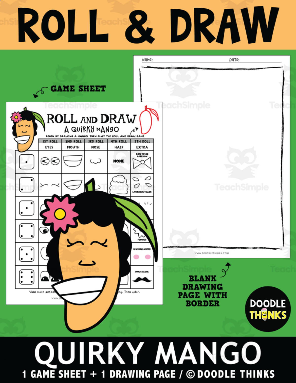 An educational teaching resource from Doodle Thinks entitled Roll and Draw A Quirky Mango Game Sheet downloadable at Teach Simple.