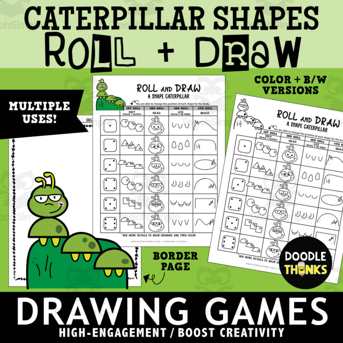 An educational teaching resource from Doodle Thinks entitled Roll and Draw A Shape Caterpillar Game Sheet | Insect Drawing Activity downloadable at Teach Simple.