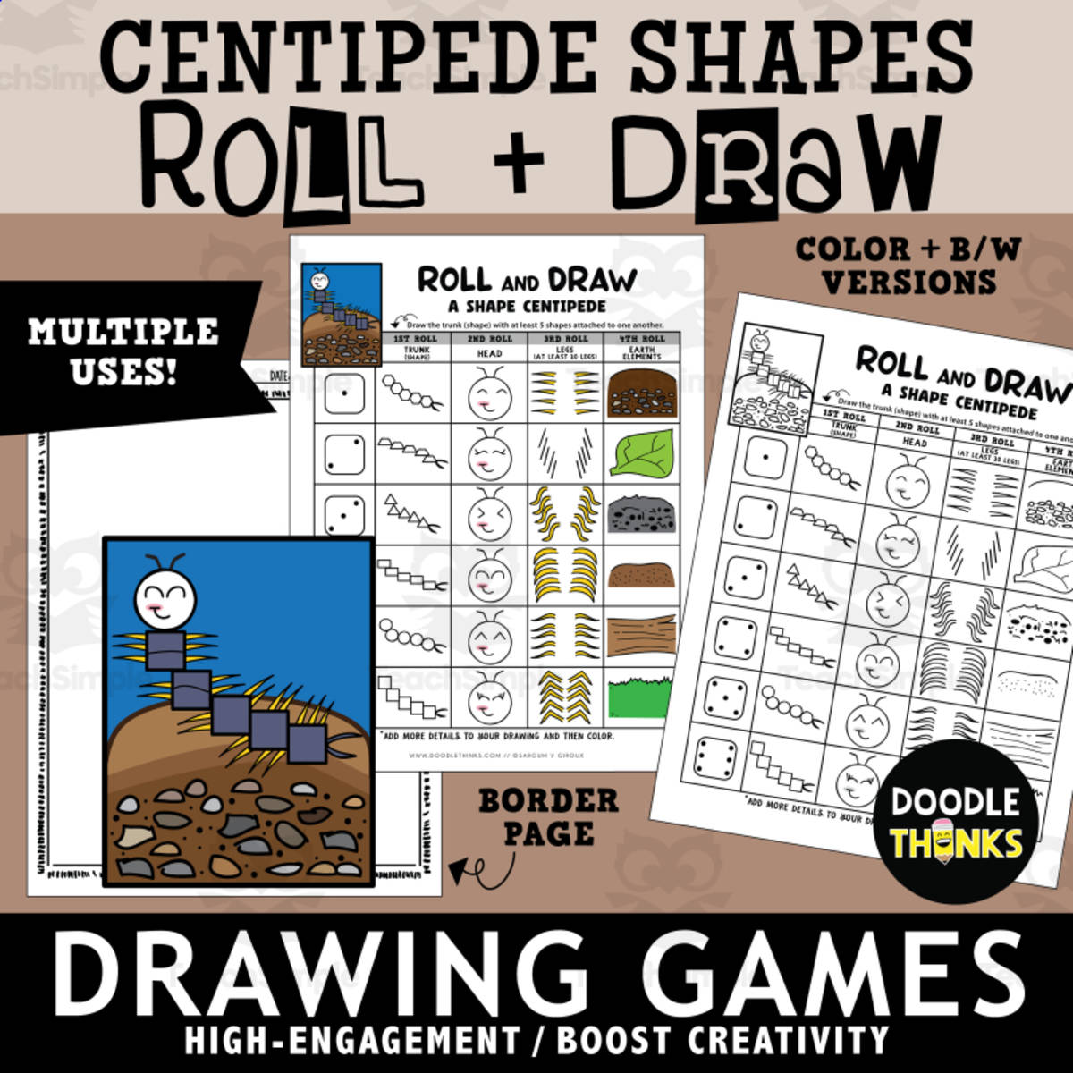 An educational teaching resource from Doodle Thinks entitled Roll and Draw A Shape Centipede Game Sheet | Insect Drawing Activity downloadable at Teach Simple.