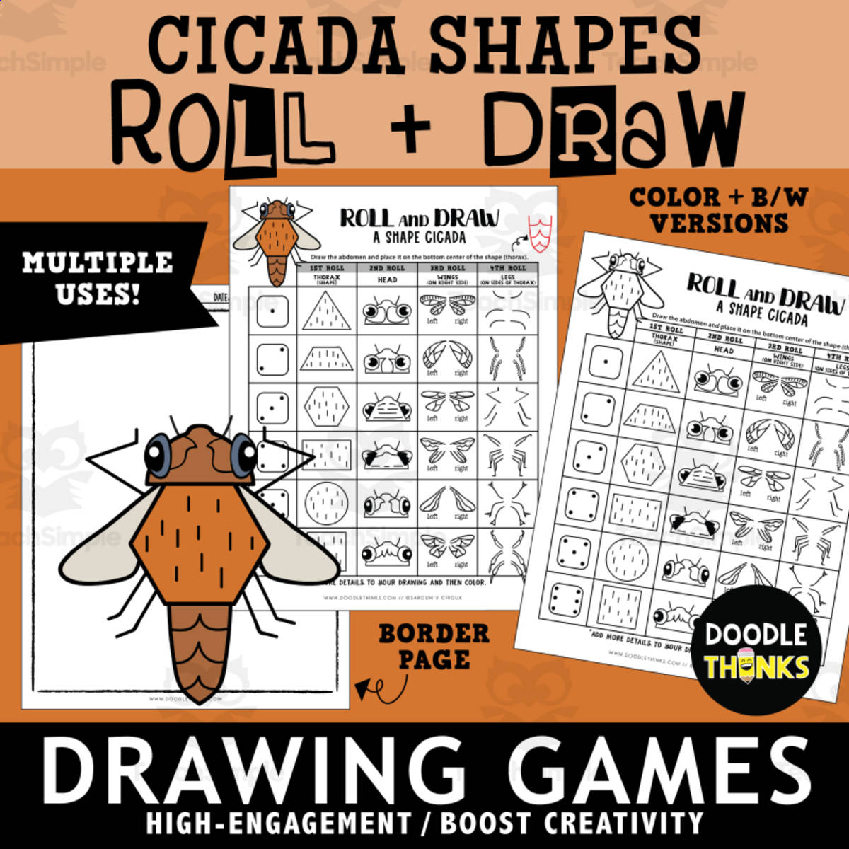 An educational teaching resource from Doodle Thinks entitled Roll and Draw A Shape Cicada Game Sheet | Insect Drawing Activity downloadable at Teach Simple.
