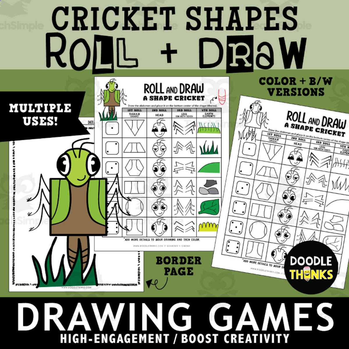 An educational teaching resource from Doodle Thinks entitled Roll and Draw A Shape Cricket Game Sheet | Insect Drawing Activity downloadable at Teach Simple.