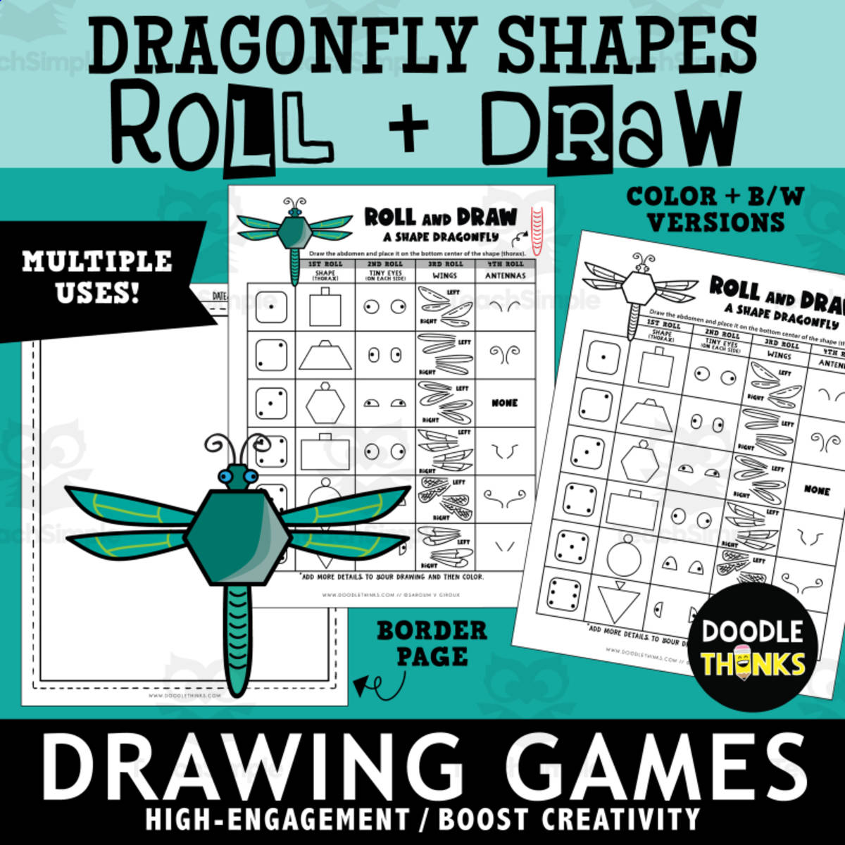 An educational teaching resource from Doodle Thinks entitled Roll and Draw A Shape Dragonfly Game Sheet | Insect Drawing Activity downloadable at Teach Simple.