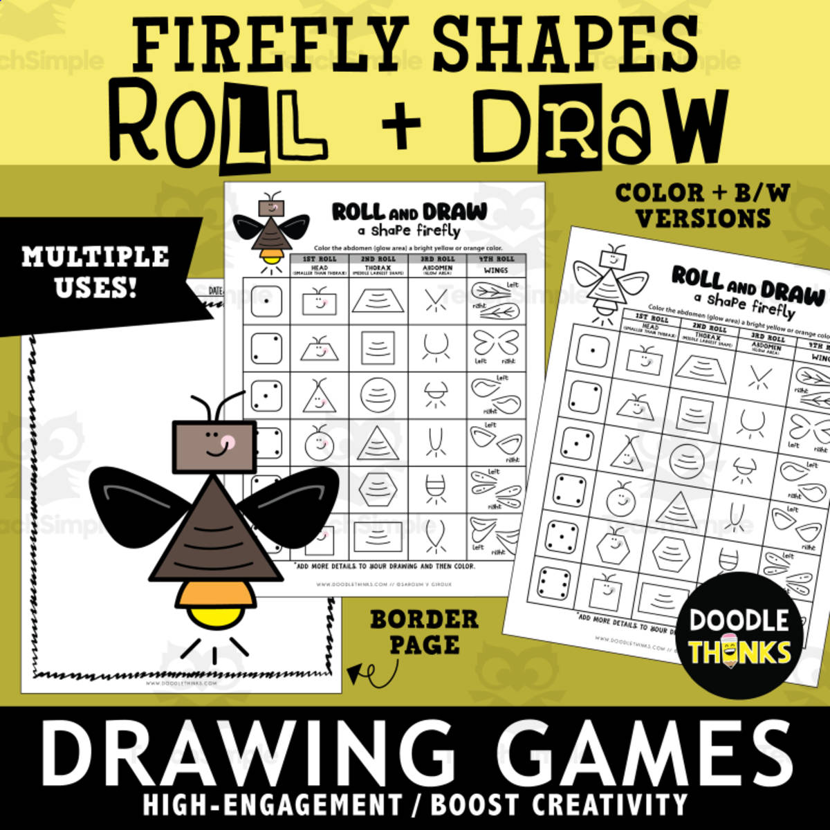 An educational teaching resource from Doodle Thinks entitled Roll and Draw A Shape Firefly Game Sheet | Insect Drawing Activity downloadable at Teach Simple.