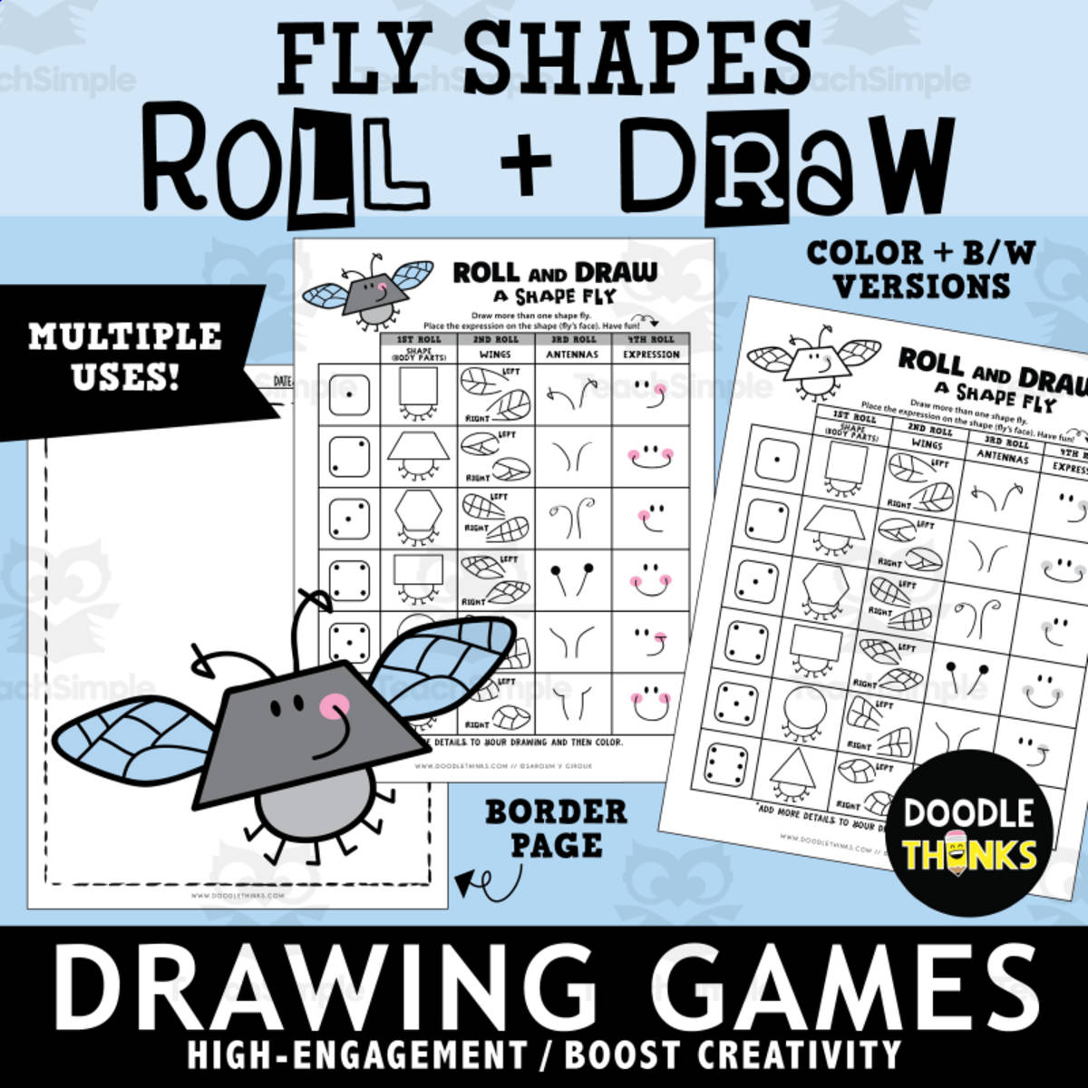 An educational teaching resource from Doodle Thinks entitled Roll and Draw A Shape Fly Game Sheet | Insect Drawing Activity downloadable at Teach Simple.