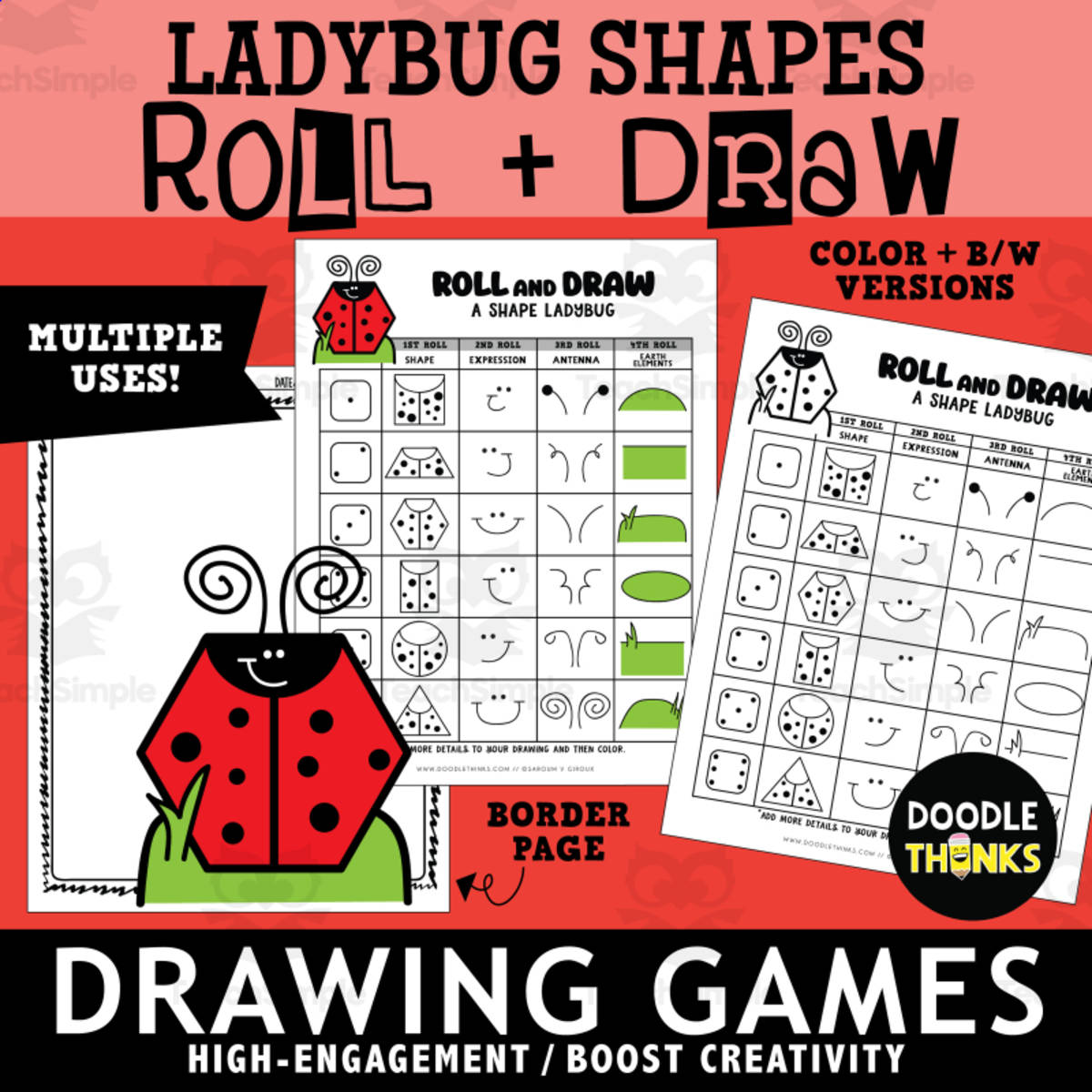 An educational teaching resource from Doodle Thinks entitled Roll and Draw A Shape Ladybug Game Sheet | Insect Drawing Activity downloadable at Teach Simple.