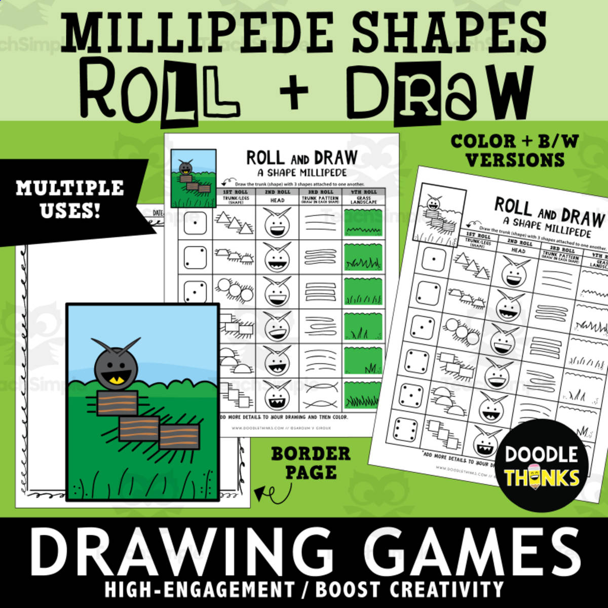 An educational teaching resource from Doodle Thinks entitled Roll and Draw A Shape Millipede Game Sheet | Insect Drawing Activity downloadable at Teach Simple.