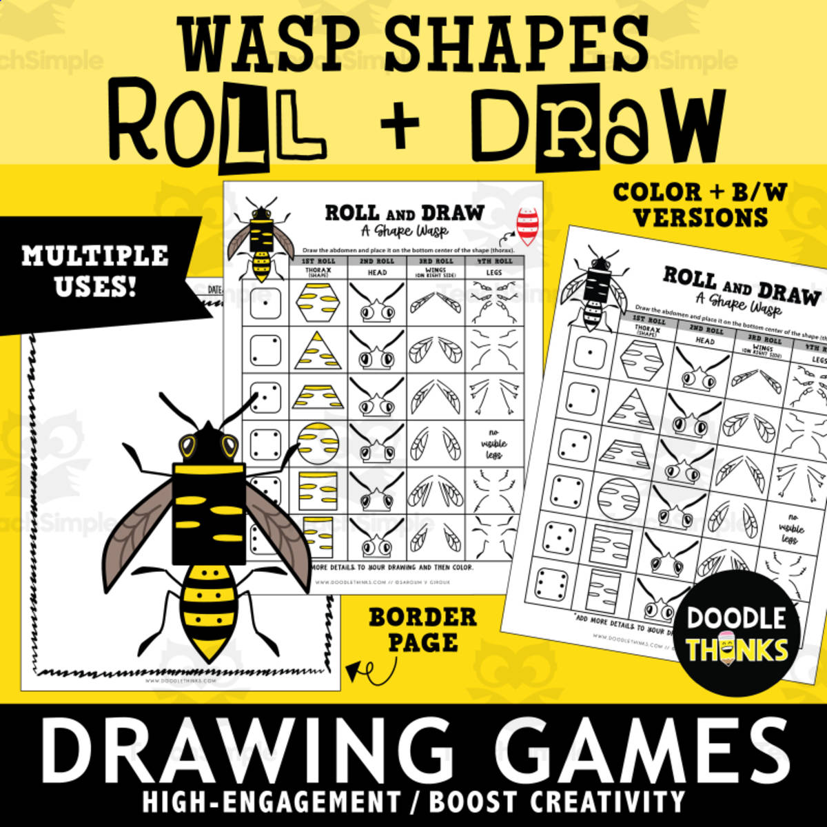 An educational teaching resource from Doodle Thinks entitled Roll and Draw A Shape Wasp Game Sheet | Insect Drawing Activity downloadable at Teach Simple.