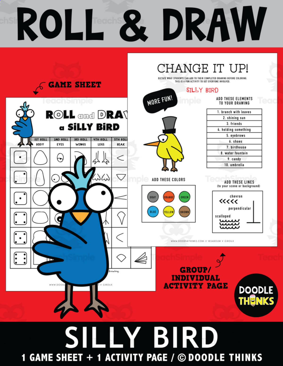 An educational teaching resource from Doodle Thinks entitled Roll and Draw A Silly Bird Dice Game and Activity Sheet downloadable at Teach Simple.