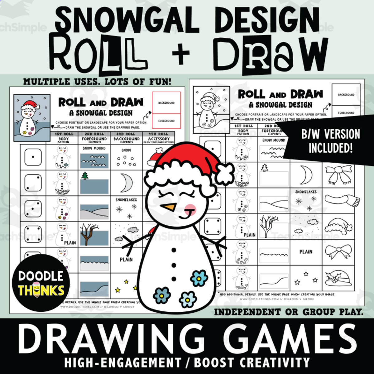An educational teaching resource from Doodle Thinks entitled Roll & Draw a Snowgal Design Dice Game | Drawing & Coloring Winter Art downloadable at Teach Simple.