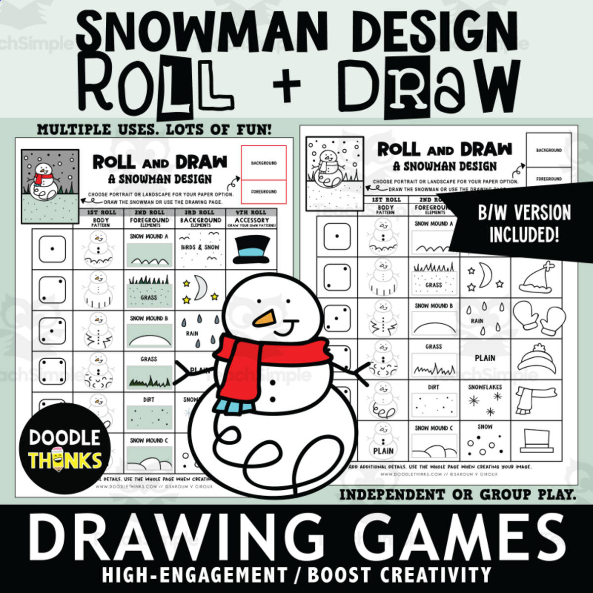 An educational teaching resource from Doodle Thinks entitled Roll & Draw a Snowman Design Dice Game | Drawing & Coloring Winter Art downloadable at Teach Simple.