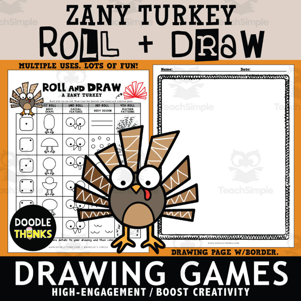An educational teaching resource from Doodle Thinks entitled Roll and Draw A Zany Turkey Game Sheet | Easy Prep Printable Game downloadable at Teach Simple.