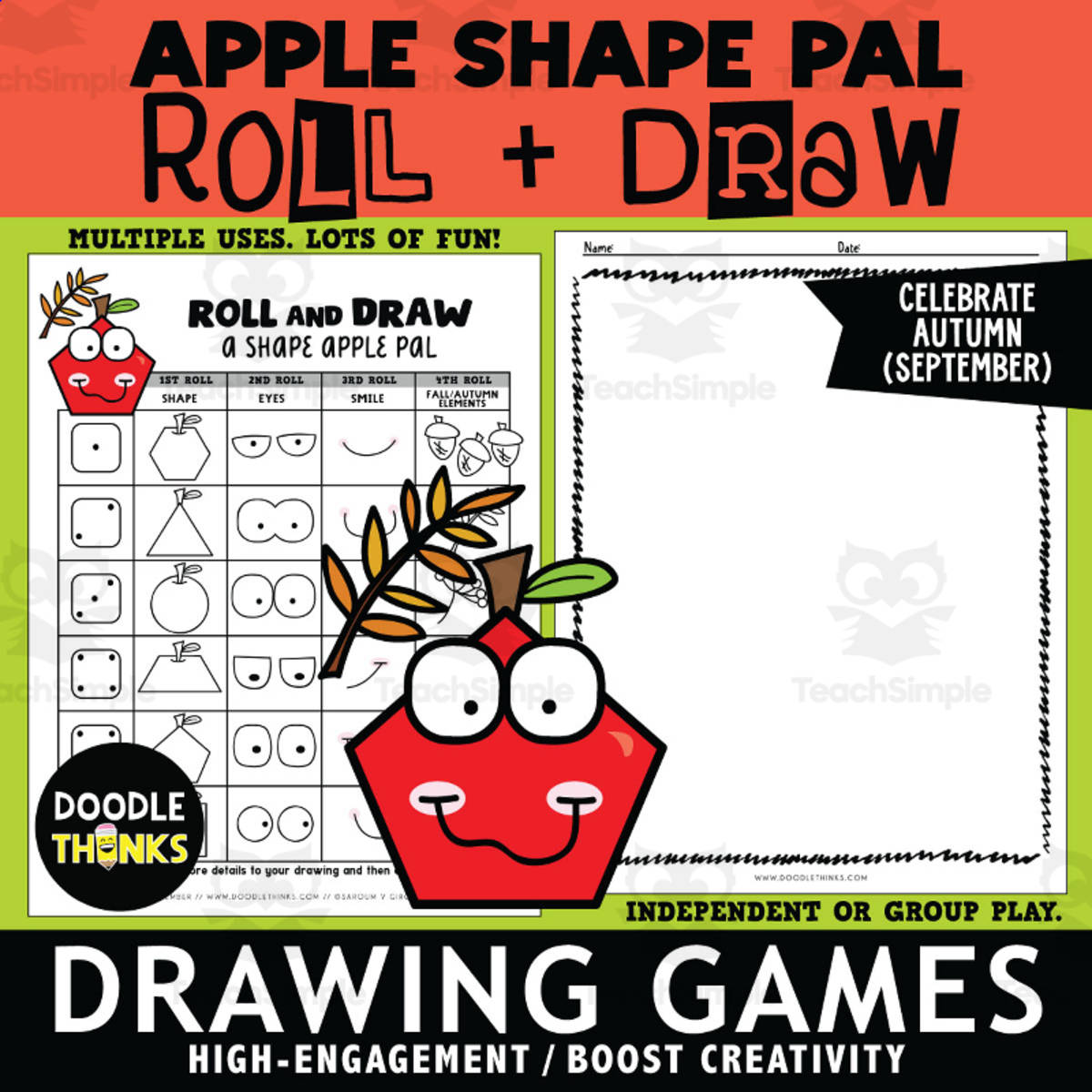An educational teaching resource from Doodle Thinks entitled Roll and Draw An Apple Shape Pal Game Sheet September Art Activity downloadable at Teach Simple.
