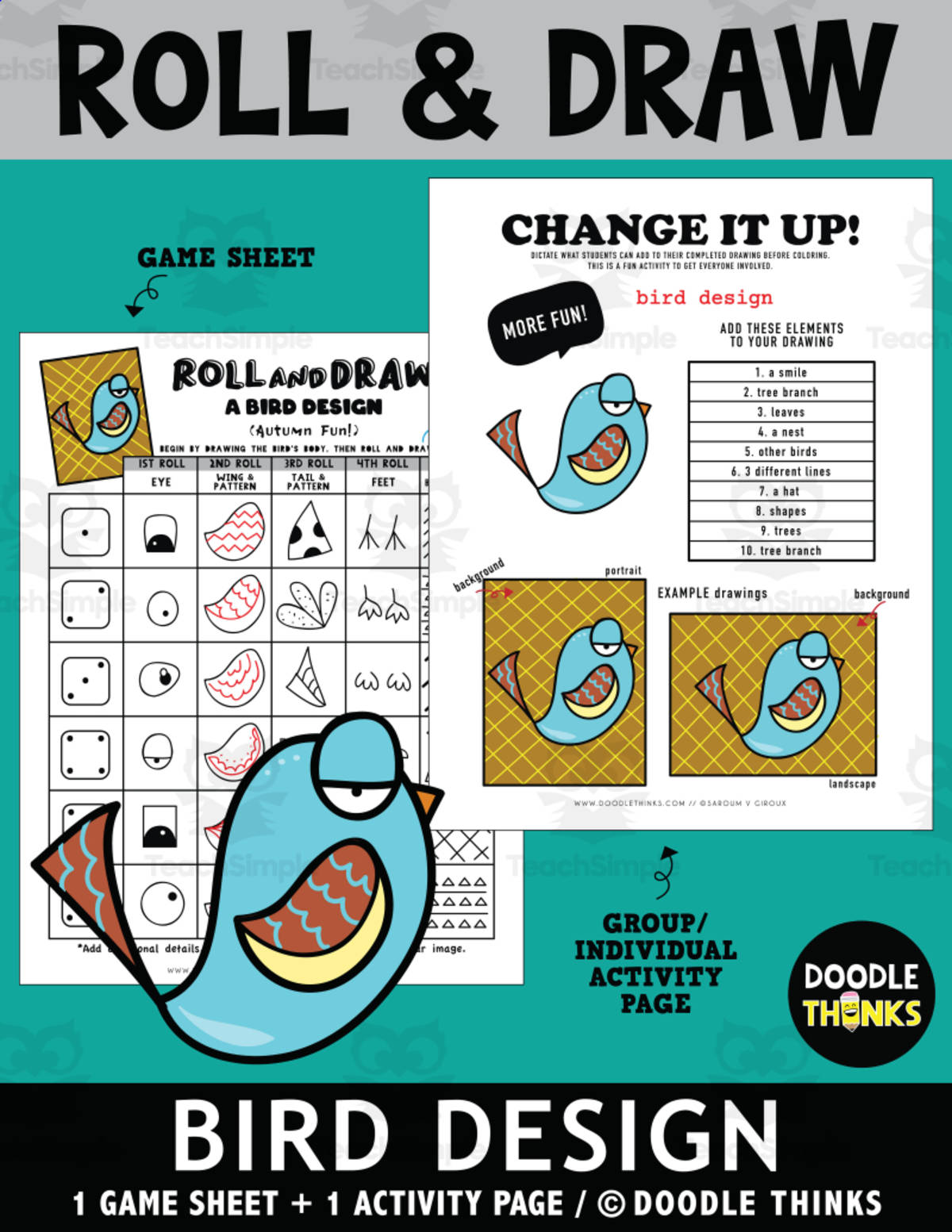 An educational teaching resource from Doodle Thinks entitled Roll and Draw Autumn Fun - A Bird Design Game Sheet downloadable at Teach Simple.