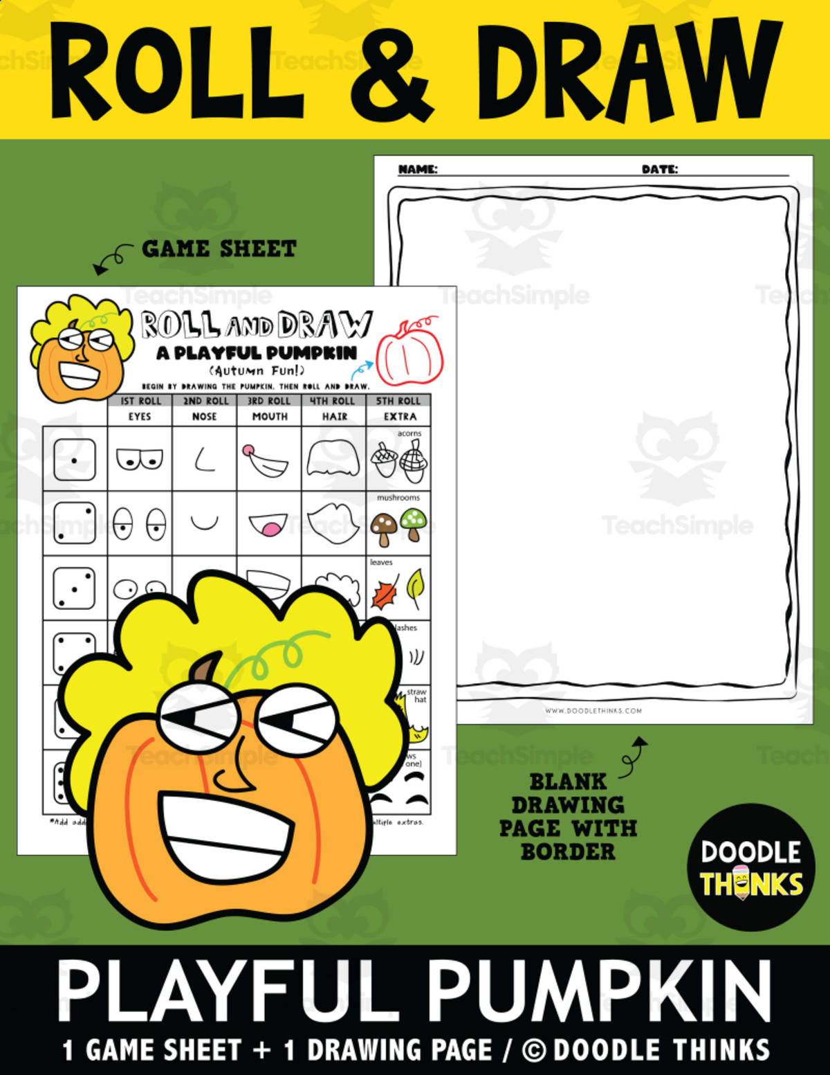 An educational teaching resource from Doodle Thinks entitled Roll and Draw Autumn Fun - A Playful Pumpkin Game Sheet downloadable at Teach Simple.