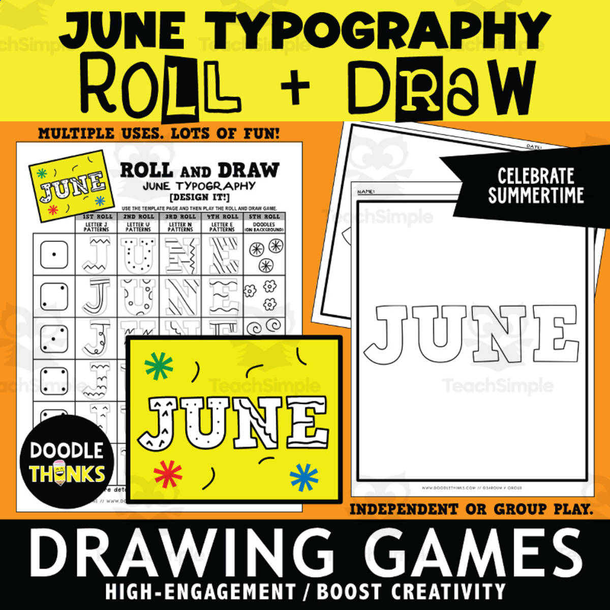 An educational teaching resource from Doodle Thinks entitled Roll and Draw June Typography Art Game Sheet Summer Activity downloadable at Teach Simple.