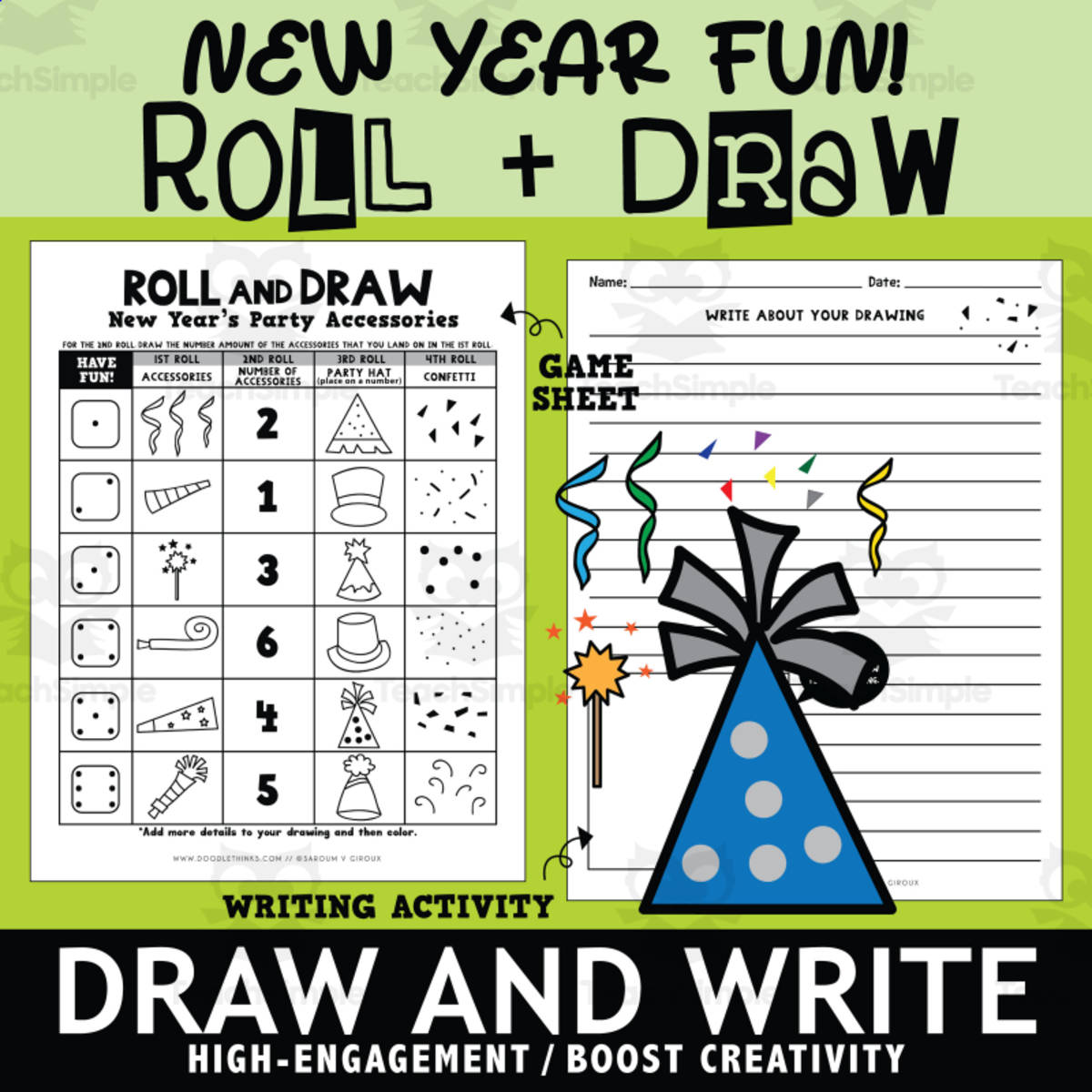An educational teaching resource from Doodle Thinks entitled Roll and Draw New Year's Party Accessories Art Game Sheet downloadable at Teach Simple.