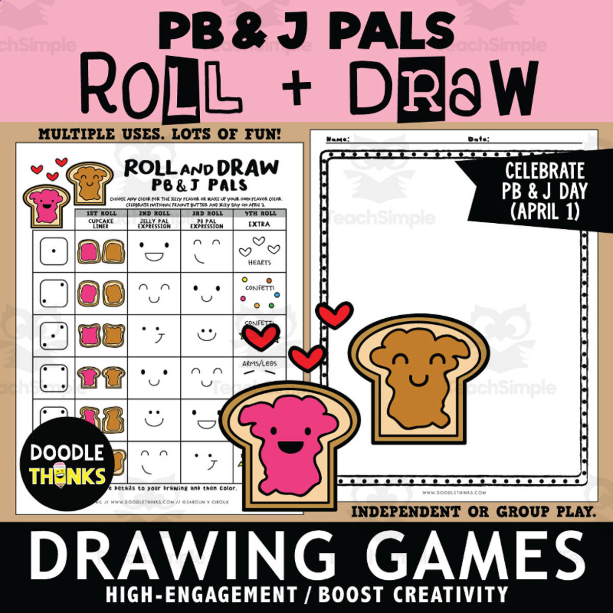An educational teaching resource from Doodle Thinks entitled Roll and Draw Peanut Butter & Jelly Pals Game Sheet April Art Activity downloadable at Teach Simple.