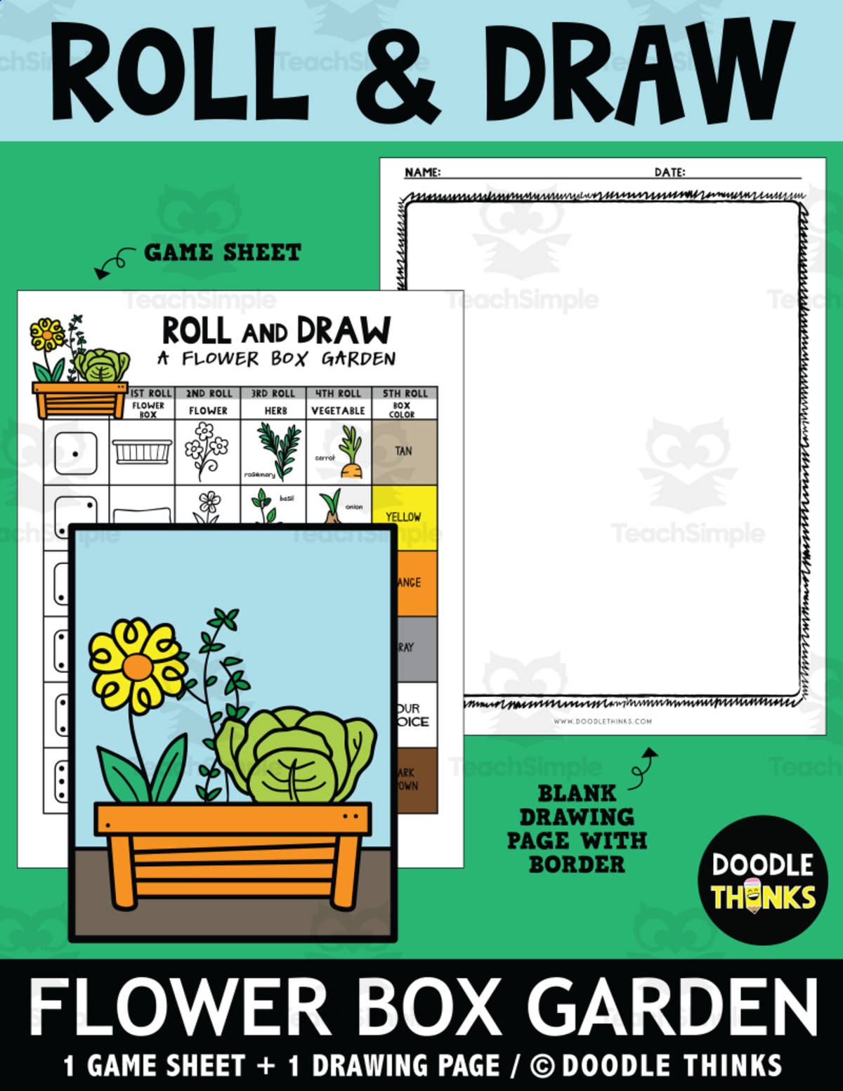 An educational teaching resource from Doodle Thinks entitled Roll and Draw Spring Fun - A Flower Box Game Sheet downloadable at Teach Simple.