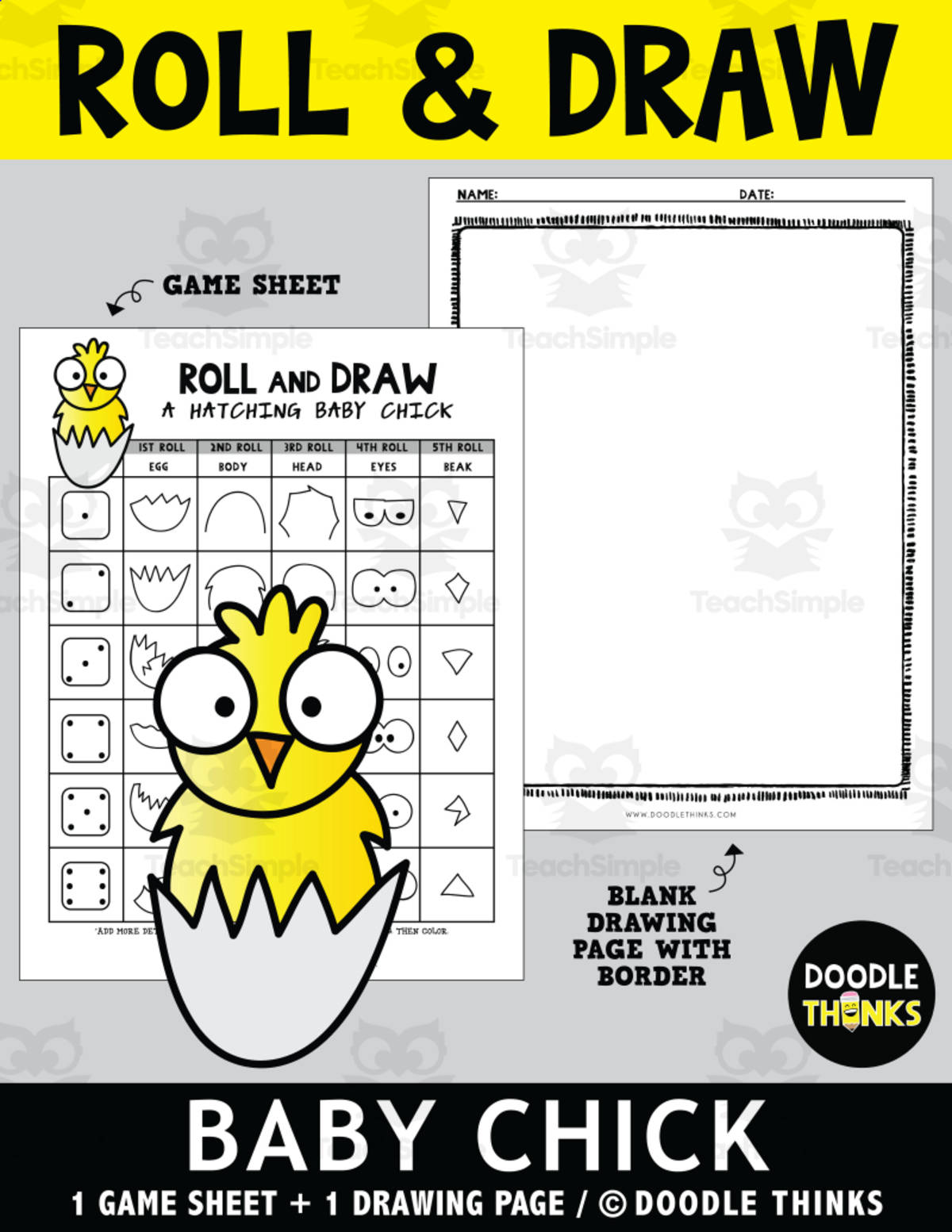 An educational teaching resource from Doodle Thinks entitled Roll and Draw Spring Fun - A Hatching Baby Chick Game Sheet downloadable at Teach Simple.