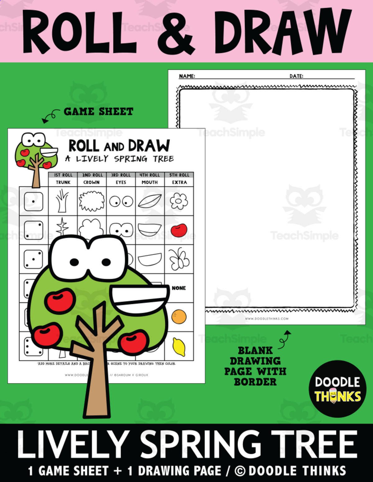 An educational teaching resource from Doodle Thinks entitled Roll and Draw Spring Fun - A Lively Tree Cartoon Game Sheet downloadable at Teach Simple.