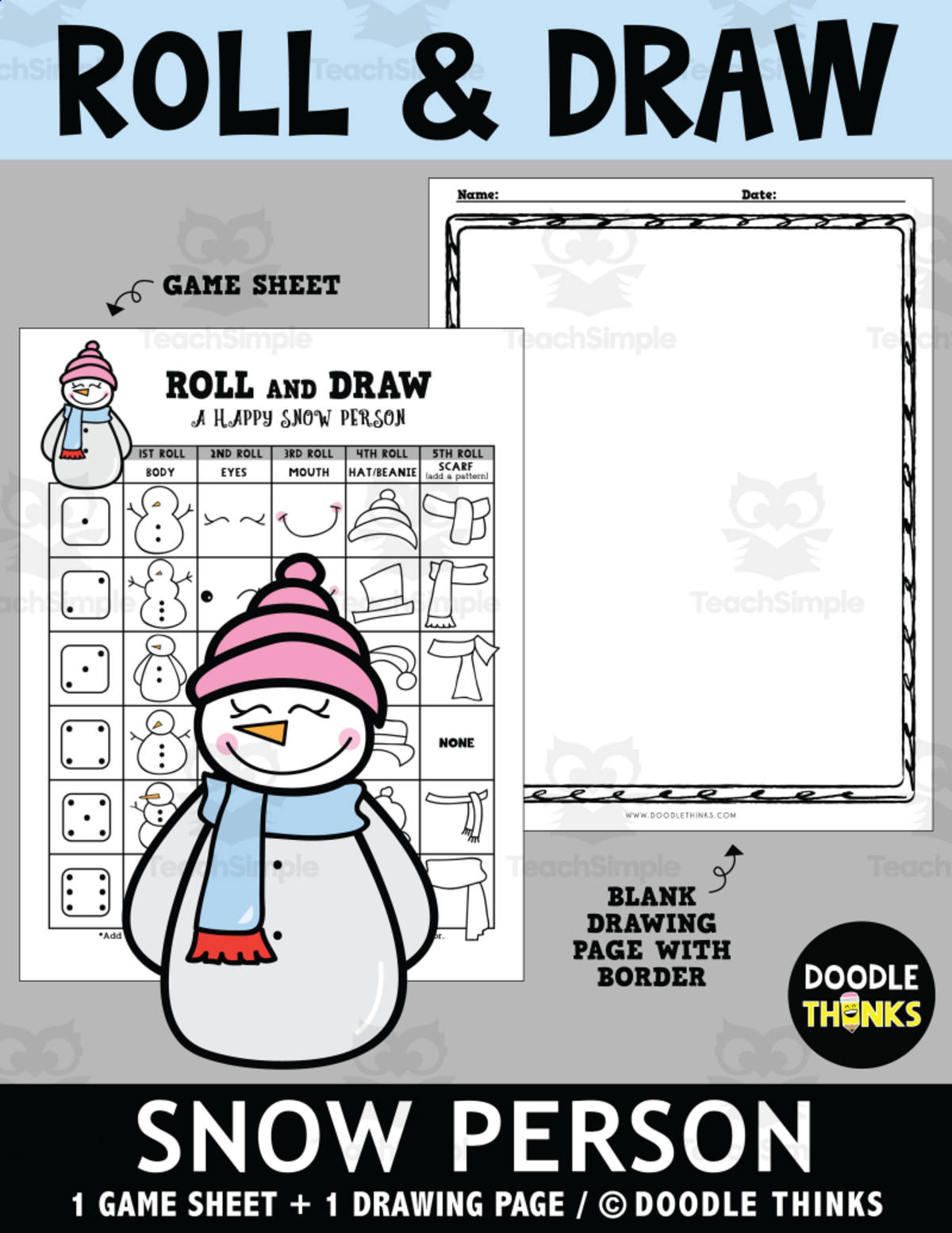 An educational teaching resource from Doodle Thinks entitled Roll and Draw Winter Fun - A Happy Snow Person Game Sheet downloadable at Teach Simple.