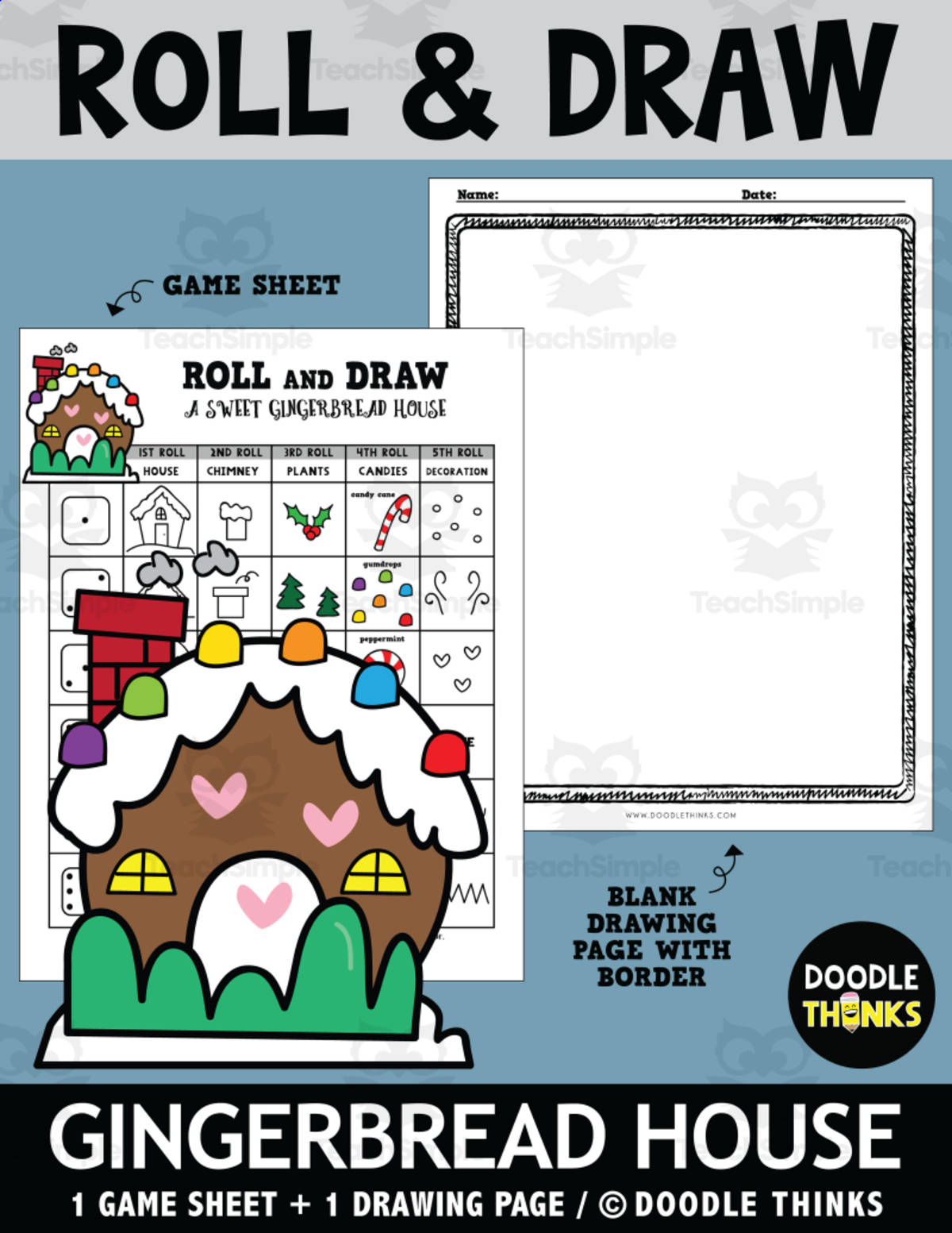 An educational teaching resource from Doodle Thinks entitled Roll and Draw Winter Fun - A Sweet Gingerbread House Game Sheet downloadable at Teach Simple.