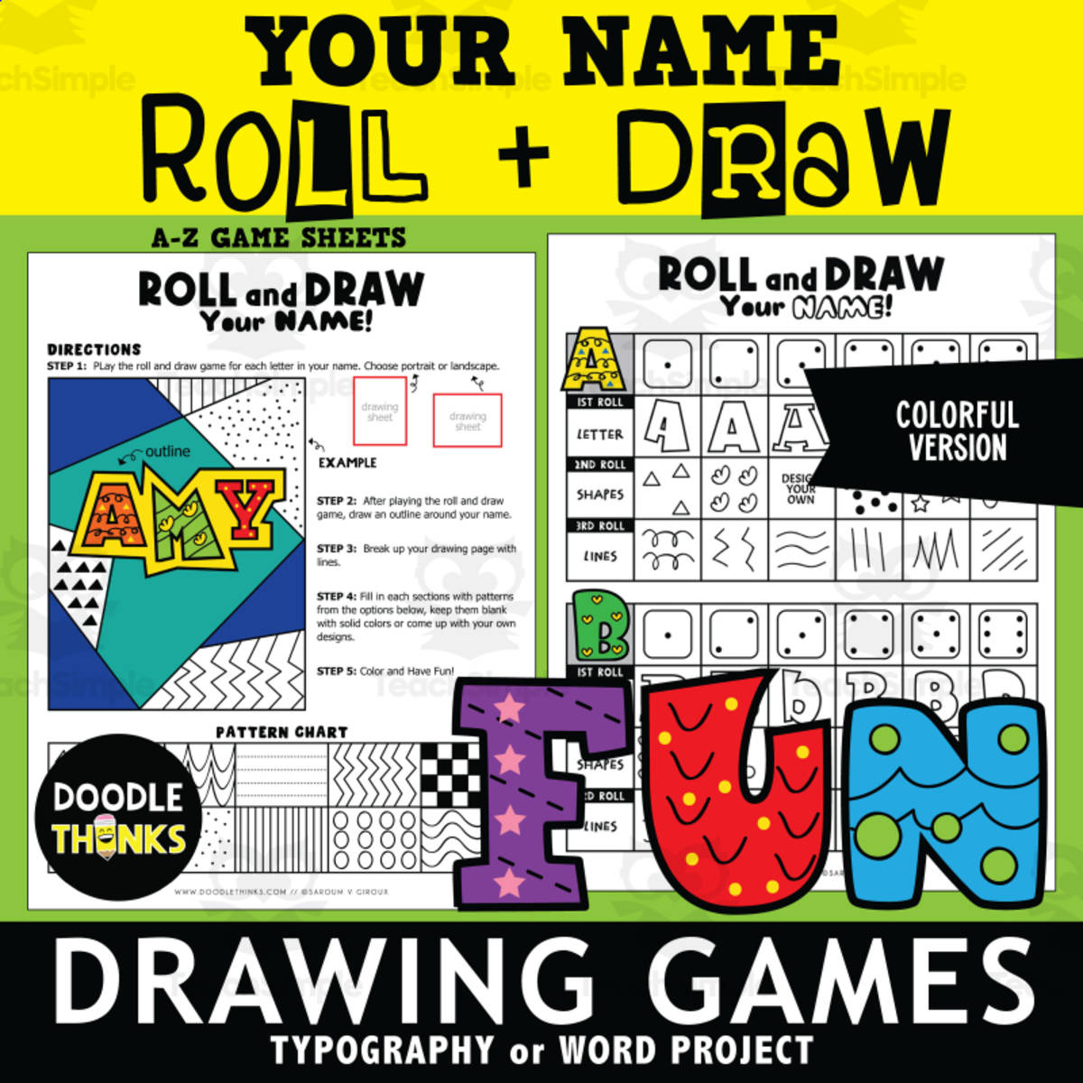 An educational teaching resource from Doodle Thinks entitled Roll and Draw Your Name or Favorite Word Alphabet Game Sheets downloadable at Teach Simple.
