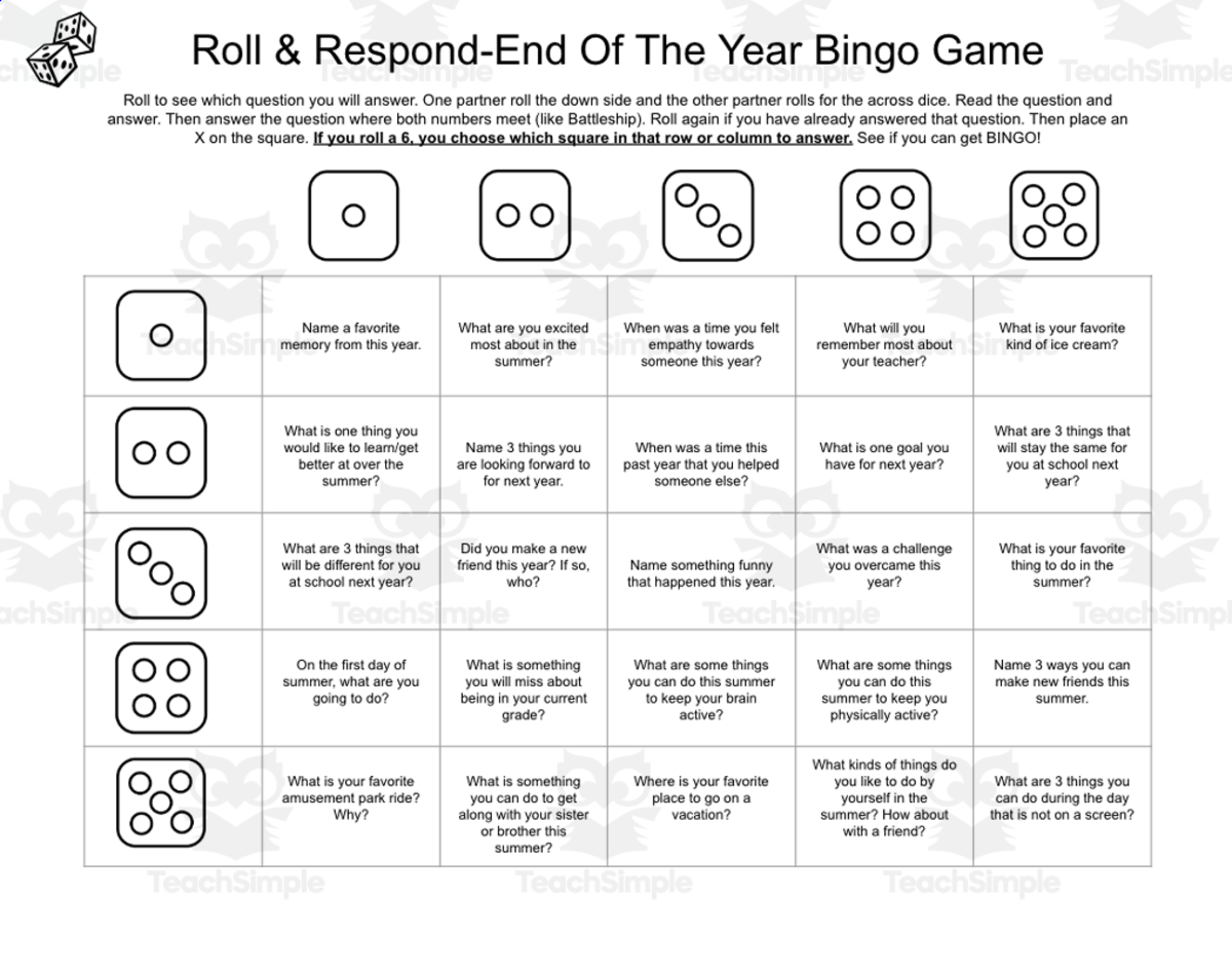 An educational teaching resource from Jennifer Moyer Taylor entitled Roll & Respond-End Of The Year Reflection SEL Bingo Game downloadable at Teach Simple.