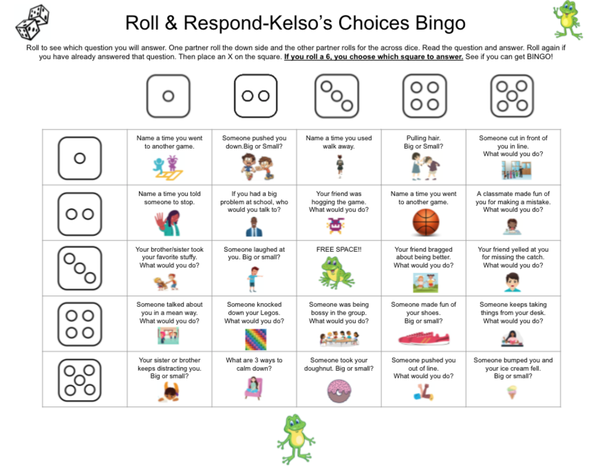 An educational teaching resource from Jennifer Moyer Taylor entitled Roll & Respond-Kelso's Choices SEL Bingo Game (Grades 1-3) downloadable at Teach Simple.